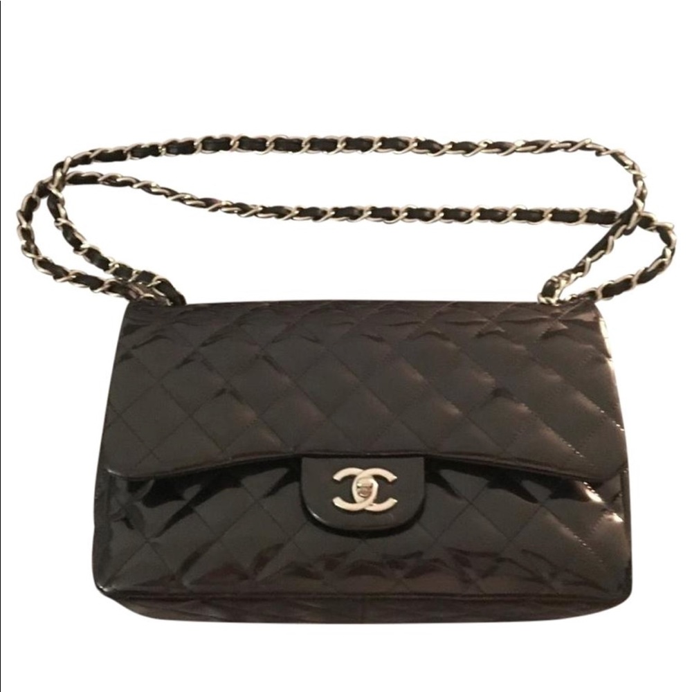 Chanel double flap gray patent leather bag